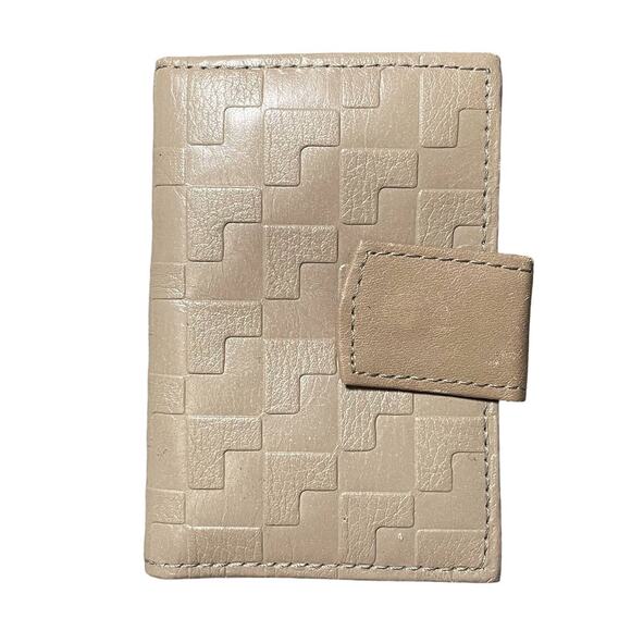 Vintage Cowhide Leather Snap Closure Key Holder Wallet Beige Geometric Embossed - Picture 1 of 10